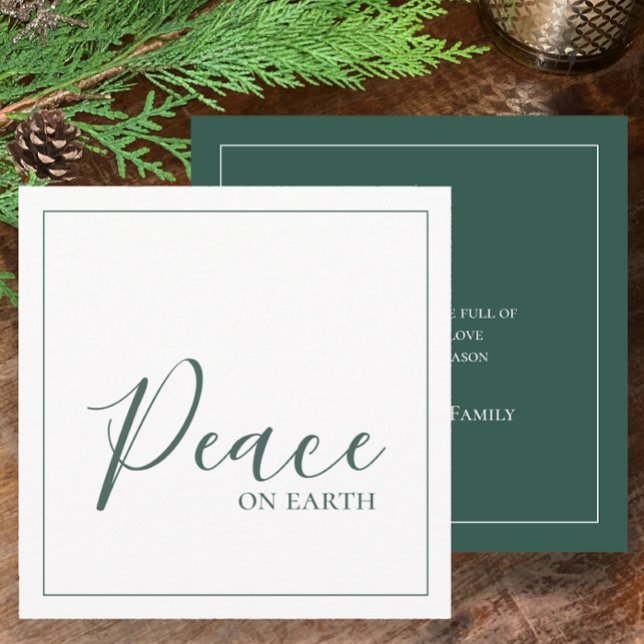 Tarjeta Festiva Paz en la Tierra | Moderno Simple Personalizado Ve (Personalize with name Peace on earth modern minimalistic green pine holiday Christmas greeting card)