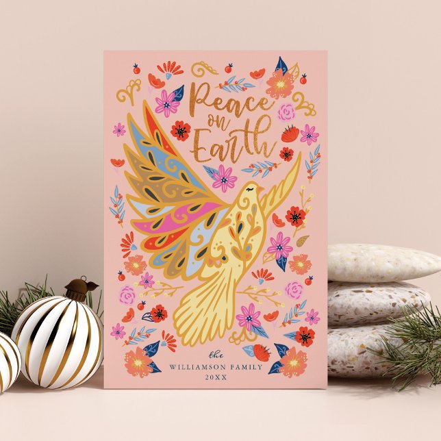 Tarjeta Festiva Paz en la Tierra Ocupación Arte Popular Floral Ros (Peace on Earth Dove Floral Folk Art Blush Pink Holiday Card)