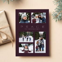 Tarjeta Festiva Paz moderna mínima 5 Navidades con foto morada