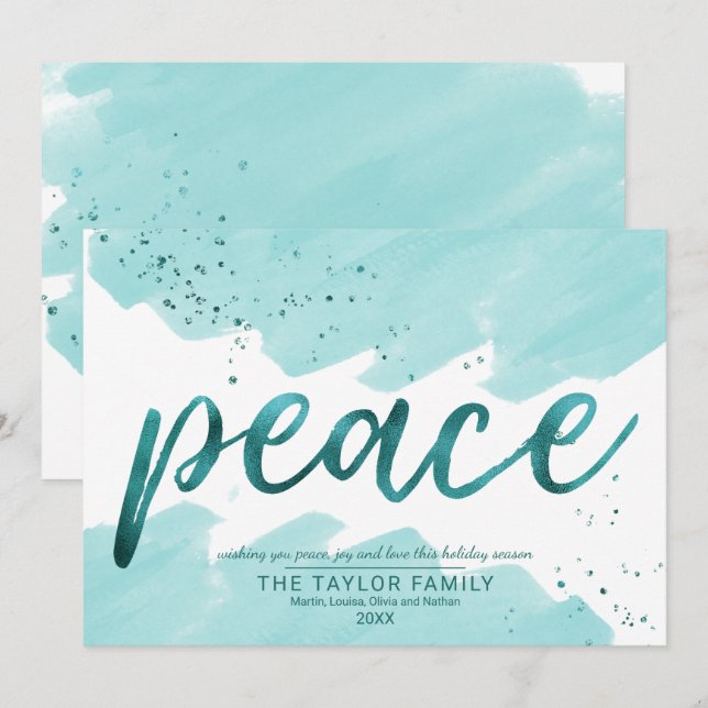Tarjeta Festiva Paz | Navidades de acuarela Verde azulada (Anverso / Reverso)