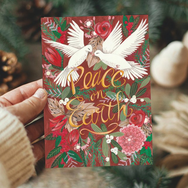 Tarjeta Festiva Paz Roja Botánica en la Tierra | Dove Birds Floral (Botanical Red Peace on Earth | Dove Birds Floral Holiday Card)