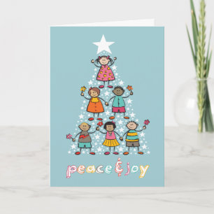 Tarjeta Festiva Paz Y Alegría Coloridos Personalizados Niños Árbol
