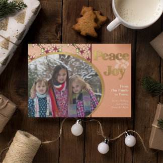 Tarjeta Festiva Paz y alegría: Navidades Purpurinas de oro rosado