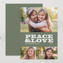 Tarjeta Festiva Paz y amor retro verde tres fotos