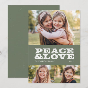 Tarjeta Festiva Paz y amor retro verde tres fotos