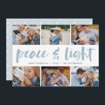 Tarjeta Festiva Paz y luz | Collage de fotos Hanukkah<br><div class="desc">Comparte seis fotos favoritas con nuestra brillante y festiva tarjeta de vacaciones Hanukkah. "Paz y Luz" aparece en el centro de la tipografía de pincel con letras a mano,  con tu saludo de vacaciones,  nombres y el año por debajo.</div>