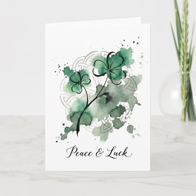 Tarjeta Festiva Paz y Suerte Aquarela Trébol de Cuatro Hojas Nudo  (Anverso)