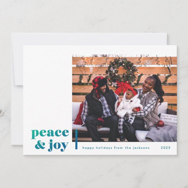 Tarjeta Festiva Peace and Joy Corner Blue Photo Holiday Card (Anverso)