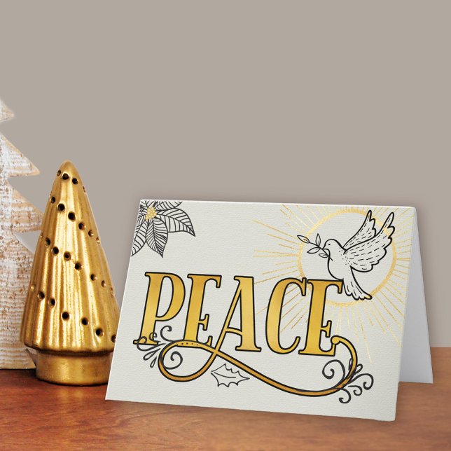 Tarjeta Festiva Peace Black Gold Typography Radiant Dove Business (Peace Christmas Card. Buy professionally printed or as a printable digital download.)