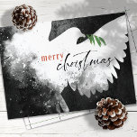 Tarjeta Festiva Peace Dove Merry Christmas Black White Red<br><div class="desc">Estas tarjetas de felicitación para Navidades planos de 7" x 5" presentan una paloma abstracta en tonos negros,  blancos y rojos. "Feliz Navidad" en negro y rojo junto con una rama de olivo verde. Personalizar con su apellido y año.</div>