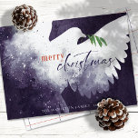 Tarjeta Festiva Peace Dove Merry Christmas Deep Purple<br><div class="desc">Estas tarjetas de felicitación para Navidades planos de 7" x 5" presentan una paloma abstracta en tonos violeta. "Feliz Navidad" en naranja quemado y morado profundo junto con una rama de olivo verde. Personalizar con su apellido y año.</div>