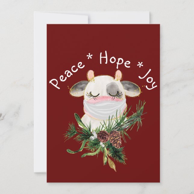 Tarjeta Festiva Peace Hope Joy Joy Cow Enmascarada (Anverso)