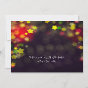Tarjeta Festiva Peace Joy Hope Navidades de Bokeh
