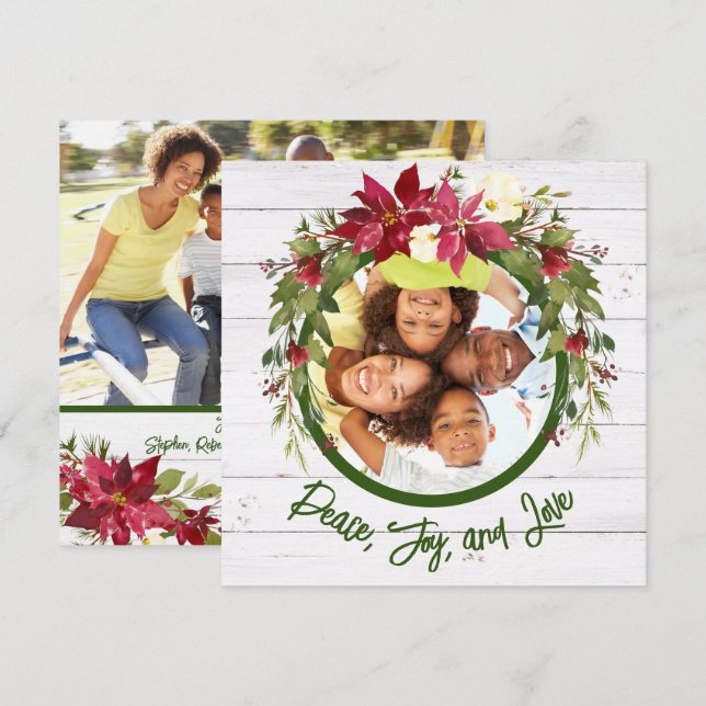 Tarjeta Festiva Peace Joy Love 2 Foto Poinsettia Navidades Florale (Anverso / Reverso)