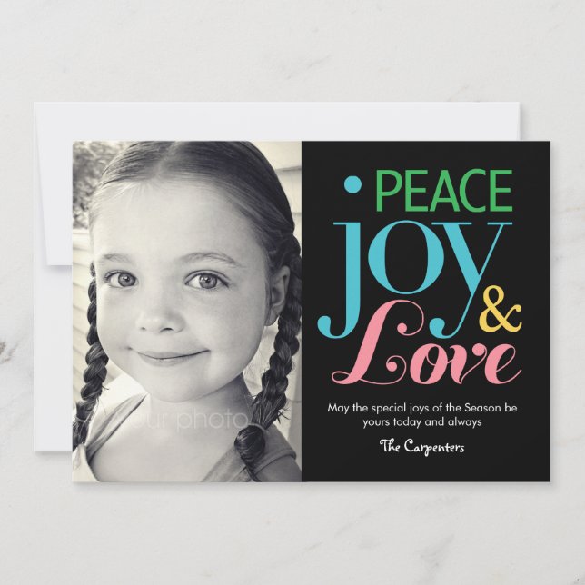 Tarjeta Festiva Peace, Joy, & Love Holiday Photo Cards (Anverso)
