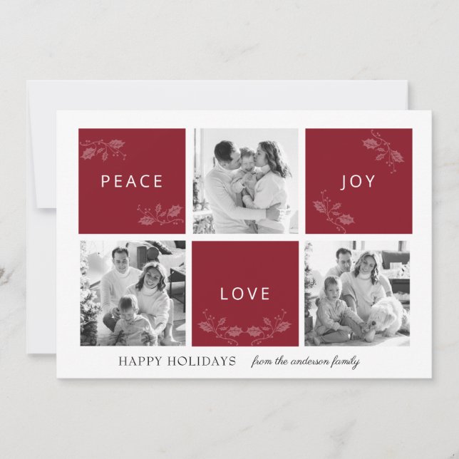 Tarjeta Festiva Peace Joy Love Maroon Collage de fotos Holiday Car (Anverso)