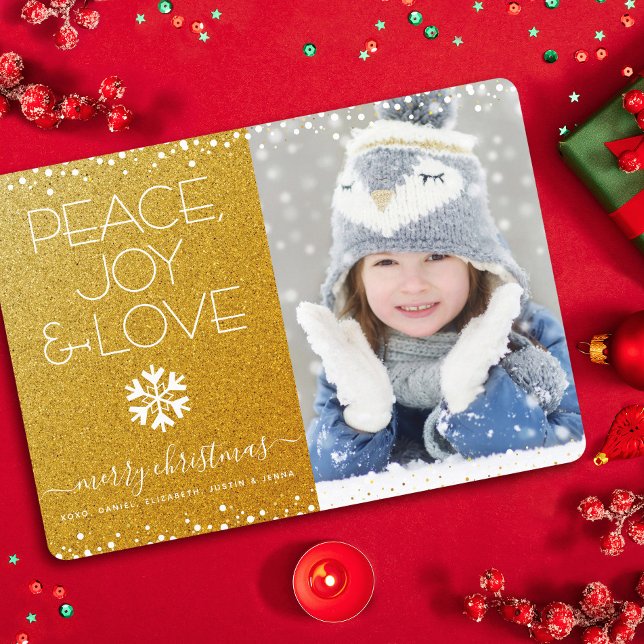 Tarjeta Festiva Peace Joy Love Photo Bold Snowflake Gold Navidades (Subido por el creador)