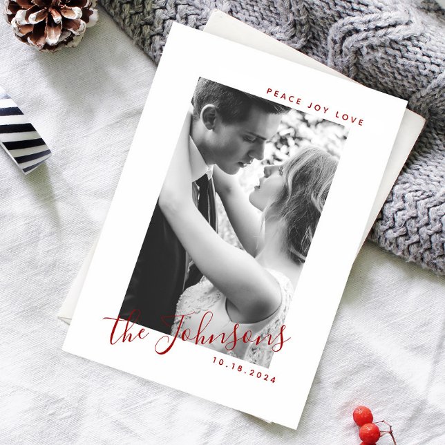 Tarjeta Festiva Peace Joy Love Photo Name Classic Red & White (Sharing our happiest moment with the world—newly married and filled with joy this holiday season!)