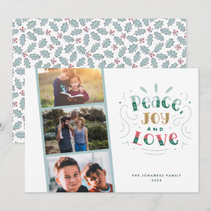 Tarjeta Festiva Peace Joy Love Tres Navidades de la familia fotogr