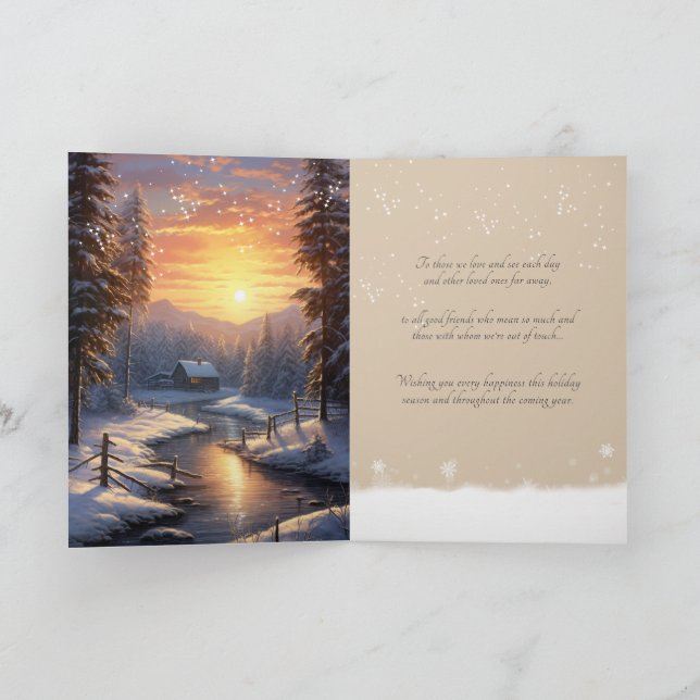 Tarjeta Festiva   Peace Joy Love Winter Snow Pine Forest River   (Interior)
