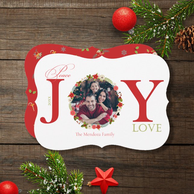 Tarjeta Festiva Peace Joy Love Wreath Christmas Photo Card (Subido por el creador)