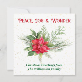 Tarjeta Festiva Peace Joy & Wonder Red Poinsettia Christmas