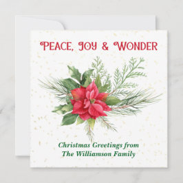 Tarjeta Festiva Peace Joy & Wonder Red Poinsettia Christmas