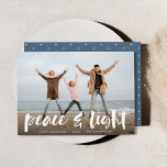 Tarjeta Festiva Peace & Light | Full Photo Hanukkah<br><div class="desc">Modern Hanukkah photo cards feature your favorite image with "Peace and light" overlaid in white hand lettered brush typography,  with your names and the year beneath.</div>
