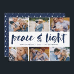 Tarjeta Festiva Peace & Light | Hanukkah Photo Collage<br><div class="desc">Share six favorite photos with our bright and festive Hanukkah holiday card. "Peace and Light" appears in the center in hand lettered brush typography,  with your holiday greeting,  names,  and the year beneath.</div>