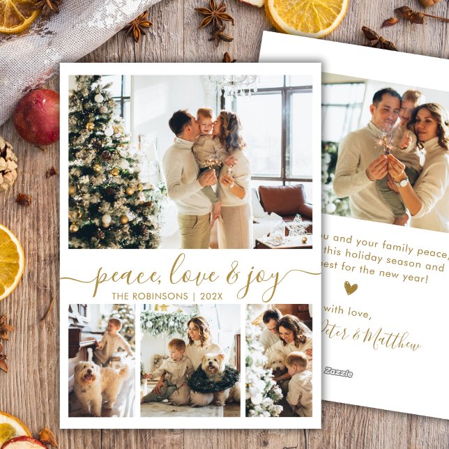Tarjeta Festiva Peace Love and Joy Gold Script 4 Photo Navidades (Subido por el creador)