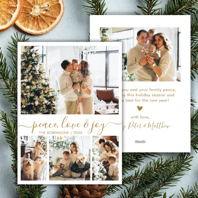 Tarjeta Festiva Peace Love and Joy Gold Script 4 Photo Navidades (Subido por el creador)