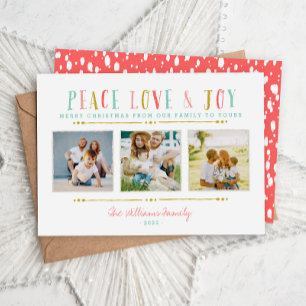 Tarjeta Festiva Peace Love and Joy Photo Collage Holiday Card