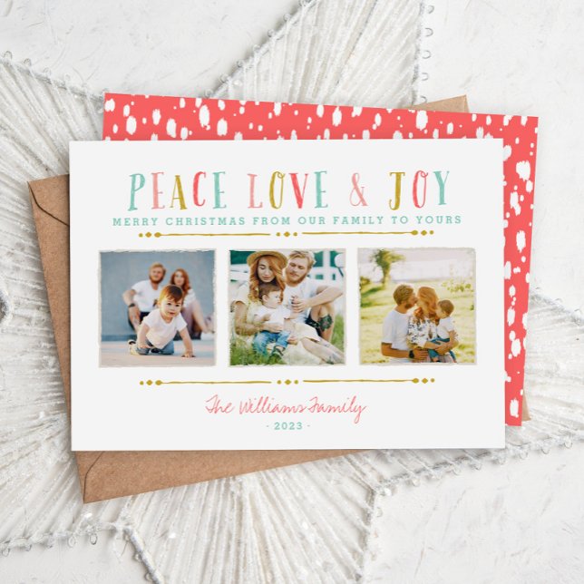 Tarjeta Festiva Peace Love and Joy Photo Collage Holiday Card (Subido por el creador)