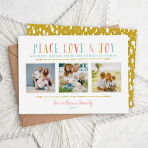 Tarjeta Festiva Peace Love and Joy Photo Collage Holiday Card