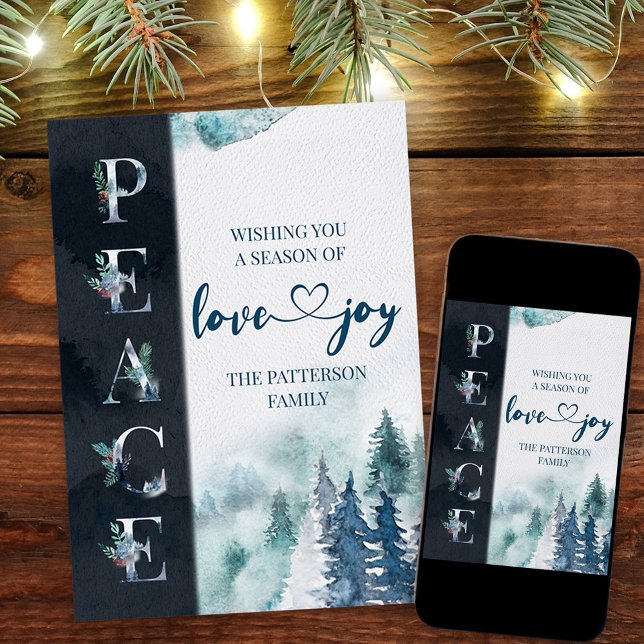 Tarjeta Festiva PEACE Love and Joy Winter Forest Navidades (Peace love & Joy Christmas Card. Buy professionally printed or as a printable digital download.)