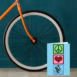 Tarjeta Festiva Peace Love Cycling<br><div class="desc">Nothing feels better than riding a bicycle. This cute cyclist design features a peace sign,  heart,  and a person who loves to cycle. Peace Love Cycling.</div>