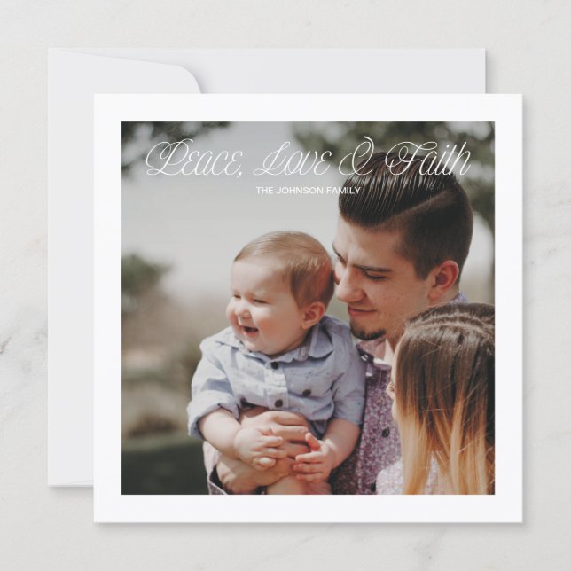 Tarjeta Festiva Peace, Love & Faith Modern Christmas Photo Card (Anverso)