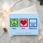 Tarjeta Festiva Peace Love Hanukkah Cute Personalizado Blue<br><div class="desc">La tarjeta Peace Love Hanukkah para una persona judía a la que le gusta celebrar Chanukah. Una señal de paz de bonito,  corazón y una hermosa menorah en una linda tarjeta azul de vacaciones.</div>