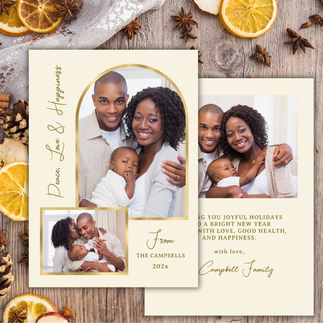 Tarjeta Festiva Peace Love Hapiness Script Gold Arch 3 Photo  (Subido por el creador)