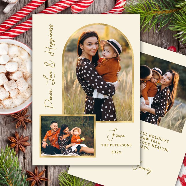 Tarjeta Festiva Peace Love Hapiness Script Gold Arch 3 Photo  (Subido por el creador)