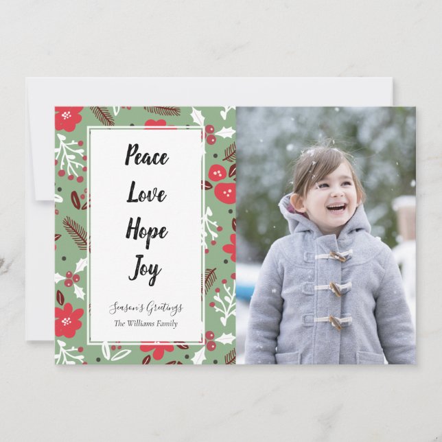 Tarjeta Festiva Peace Love Hope Joy Christmas Photo Card (Anverso)