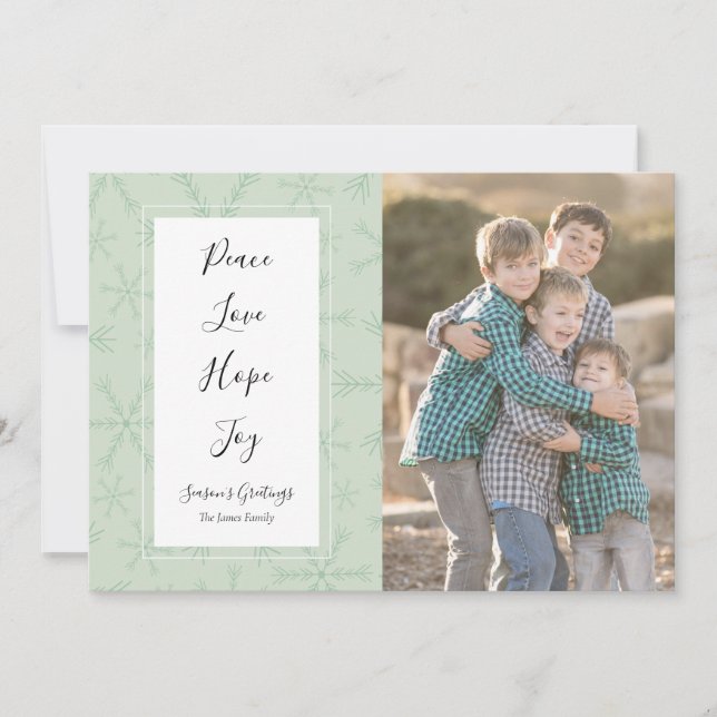 Tarjeta Festiva Peace Love Hope Joy Christmas Photo Card (Anverso)