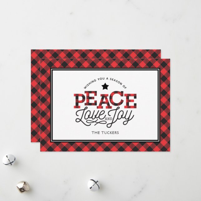 Tarjeta Festiva PEACE Love Joy Buffalo Plaid Border (Anverso/Reverso In Situ)