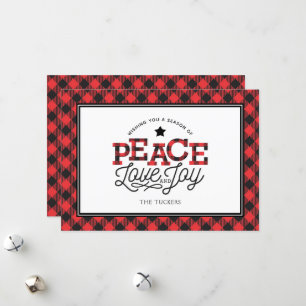 Tarjeta Festiva PEACE Love Joy Buffalo Plaid Border