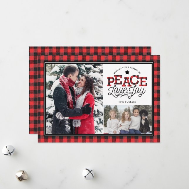 Tarjeta Festiva PEACE Love Joy Buffalo Plaid Border 2-Photo (Anverso/Reverso In Situ)