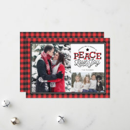 Tarjeta Festiva PEACE Love Joy Buffalo Plaid Border 2-Photo