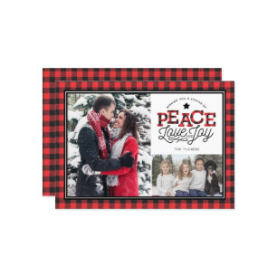 Tarjeta Festiva PEACE Love Joy Buffalo Plaid Border 2-Photo