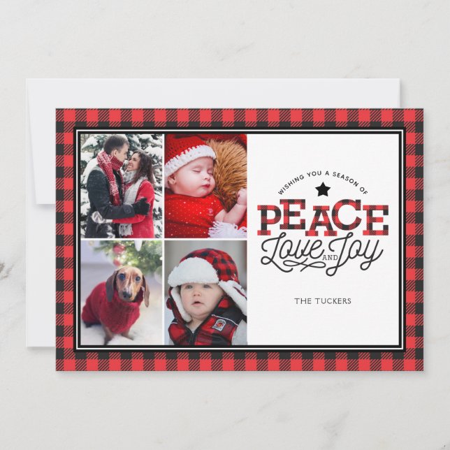 Tarjeta Festiva PEACE Love Joy Buffalo Plaid Border 4-Photo Card (Anverso)