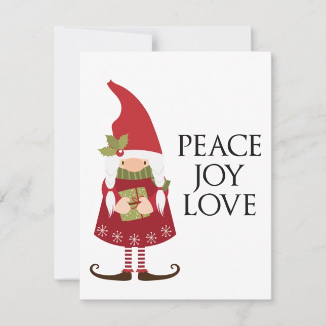 Tarjeta Festiva Peace Love Joy Chica Gnome Holiday Personalizado (Anverso)