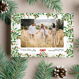 Tarjeta Festiva Peace Love Joy, Christmas Berries, Custom Photo 